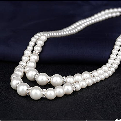 tenghong2021 Fashion Classic Faux Pearl Jewelry Set Necklace Bracelet Earrings for Women Best Gift - color: White Double Layered