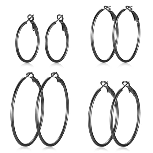 4 Pairs Silver Gold Hoop Earrings for Women | 14K Gold Plated Hoop Earrings Set Hypoallergenic Earring Lightweight Dangle Earrings Set - color: 4 Pairs Black-30/40/50/60mm