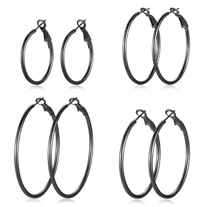 4 Pairs Silver Gold Hoop Earrings for Women | 14K Gold Plated Hoop Earrings Set Hypoallergenic Earring Lightweight Dangle Earrings Set - color: 4 Pairs Black-30/40/50/60mm