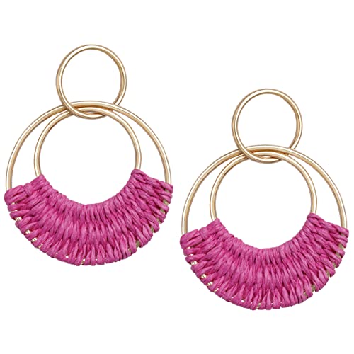 Raffia Hoop Earrings for Women Fun Boho Summer Beach Earrings Lightweight Handmade Straw Wicker Rattan Dangle Earrings Statement Geometric Round Drop Earrings - color: Hot Pink - Round