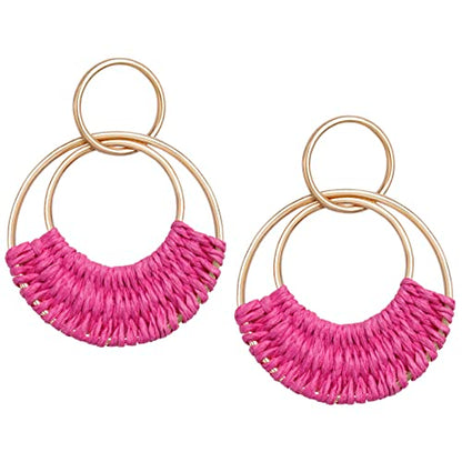 Raffia Hoop Earrings for Women Fun Boho Summer Beach Earrings Lightweight Handmade Straw Wicker Rattan Dangle Earrings Statement Geometric Round Drop Earrings - color: Hot Pink - Round