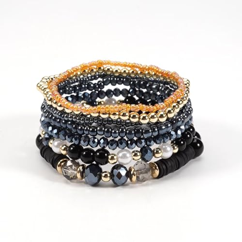 Bohemia Multilayer Stackable Beaded Bracelets Earrings Set Colorful Sparkly Crystal Beaded Stretch Bracelets Teardrop Earrings for Women Men Summer Beach Boho Vacation Jewelry - color: Black