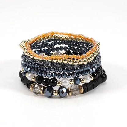 Bohemia Multilayer Stackable Beaded Bracelets Earrings Set Colorful Sparkly Crystal Beaded Stretch Bracelets Teardrop Earrings for Women Men Summer Beach Boho Vacation Jewelry - color: Black
