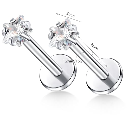 BelezaDosas G23 Titanium Labret Studs Threadless 16G Lip Rook Lobe Tragus Helix Cartilage Push Back Earring Piercing Jewelry - style: 1pair Star Clear
