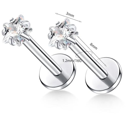 BelezaDosas G23 Titanium Labret Studs Threadless 16G Lip Rook Lobe Tragus Helix Cartilage Push Back Earring Piercing Jewelry - style: 1pair Star Clear