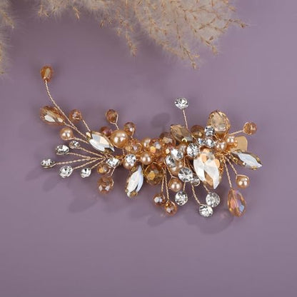 Teyglen Bridal Rhinestone Hair Clip Champagne Pearl Crystal Hair Barrette Sparkly Hair Piece Wedding Hair Clips Hair Accessories Jewelry for Women (Champagne) - color: Champagne