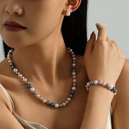 Pearl Necklaces for Women,8mm Pearl Necklace and Earring Bracelet Jewelry Set for Women Men Wedding Birthday Valentine Christmas Day Gifts - color: Mix-Color