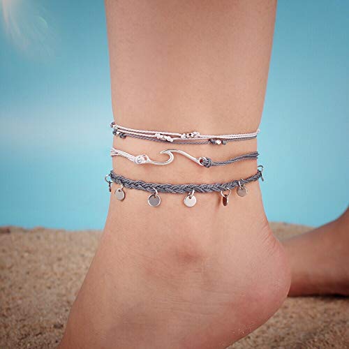 Waterproof String Anklets Cute Beaded Ankle Bracelets Beach Wave Anklet Stainless Steel Coin Boho Ankle Jewelry for Women - color: Grey