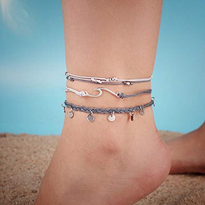 Waterproof String Anklets Cute Beaded Ankle Bracelets Beach Wave Anklet Stainless Steel Coin Boho Ankle Jewelry for Women - color: Grey