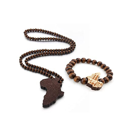 COLORFUL BLING Multicolor 8MM Wooden Bead Chain African Hip-hop Africa Map Pendant Necklace for Men Boys Natural Wood Jewelry - color: set brown
