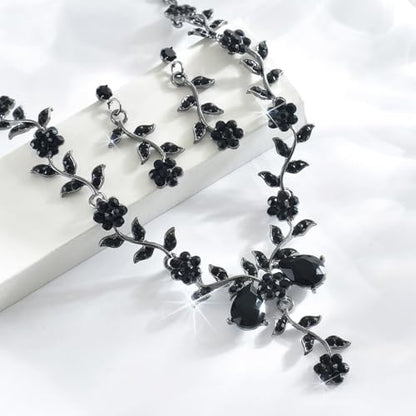Kamirola Women's Wedding Jewelry Leaf Cluster Flower Crystal Dangle Earrings Pendant Necklace Set for BridalCrystal Bridal Jewelry Set - color: Black