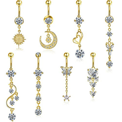 Hicarer 8 Pieces 14G Belly Button Rings Steel Long Dangle Navel Ring CZ Body Piercing Jewelry - color: Gold