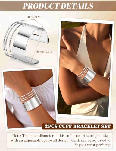 2 Pcs Gold Cuff Bangle Bracelet Set for Women Irregular Minimalist Statement Bangle Bracelets Wide Open Chunky Wire Bracelets Wrist Cuff Adjustable Hammered Bracelet - color: Silver F