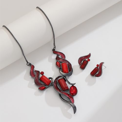 Chunky Statement Jewelry Set Vintage Retro Leaf Flower Floral Geometric Bohemian Boho Bib Necklace Earring Set Fashion Costume Jewelry for Women Girls Wedding Party Prom Unique Gift - style: Rectangle-red