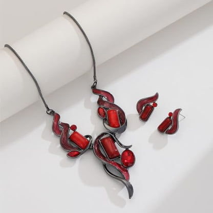 Chunky Statement Jewelry Set Vintage Retro Leaf Flower Floral Geometric Bohemian Boho Bib Necklace Earring Set Fashion Costume Jewelry for Women Girls Wedding Party Prom Unique Gift - style: Rectangle-red