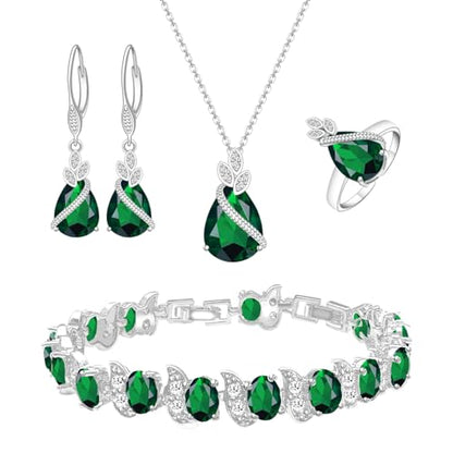 LMXXVJ Jewelry Set for Women,Teardrop Cubic Zirconia Necklace Earrings Adjustable Ring Bracelet Jewelry Set Formal Jewelry Gift - color: SYSD-White Gold-Green