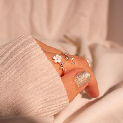 Adjustable Open Ring for Women, Nature-Inspired Floral Crystal Design with Marquise Cut Created Zircon, Gold - color: gold