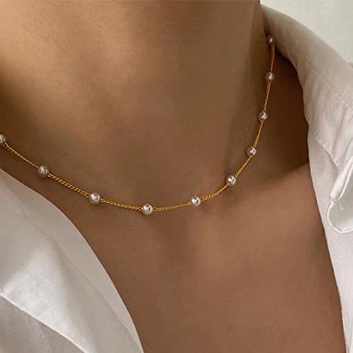 Gold Pearl Necklace For Women - 14K Gold Plated Layered Herringbone Chain Pearl Necklace, Trendy Simple Gold Jewelry Gift - color: Satellite Pearl-Gold