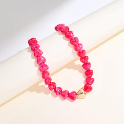 Chunky Beaded Necklace for Women Trendy Multicolor Resin Beads Choker Necklaces Boho Summer Statement Necklace Chunky Heart Jewelry - color: Heart necklace-rose red