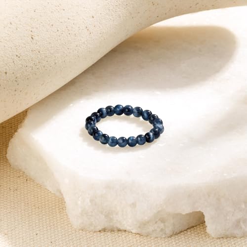 NLIEO Handmade Natural Gemstone Crystal Beaded Stretch Band Ring for Women | Handmade, 3mm Natural Stone, Size 7-12, Stretchy, Beaded Jewelry, Green Bead Rings, Trendy Jewelry Gift - style: Blue Tigers Eye