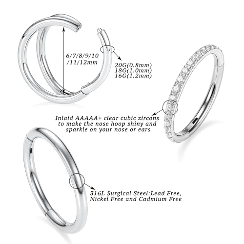PEAKLINK 3pcs Double Nose Rings Double Nose Hoops 316L Surgical Steel Cartilage Earrings 20G/18G/16G Septum Rings Conch Piercing Helix Lip Rook Daith Tragus Pierxing Jewelry 6mm to 12mm - color: Silver