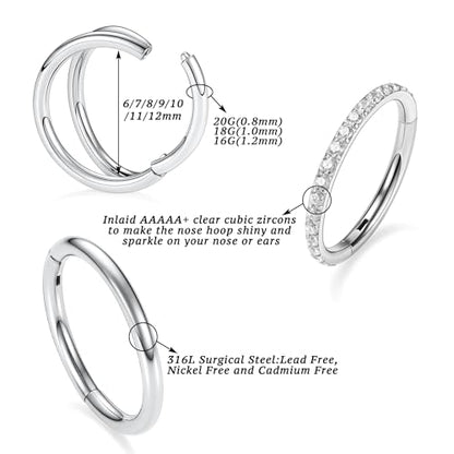 PEAKLINK 3pcs Double Nose Rings Double Nose Hoops 316L Surgical Steel Cartilage Earrings 20G/18G/16G Septum Rings Conch Piercing Helix Lip Rook Daith Tragus Pierxing Jewelry 6mm to 12mm - color: Silver