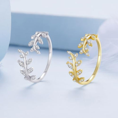 MUNDELL 925 Sterling Silver Simple Multi-layer Leaf Adjustable Ring Green Lucky Leaves Statement Ring for Women Promise Ring Fine Jewelry - color: Silver Leaf