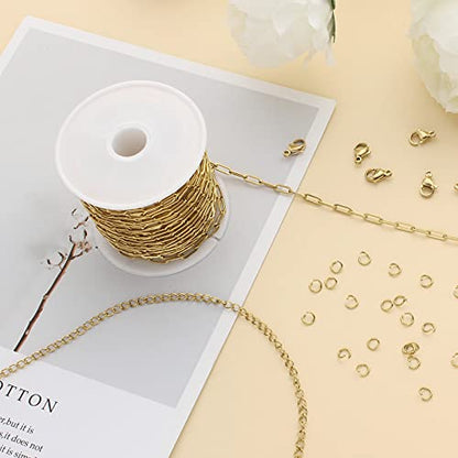 16.4 Feet Gold Stainless Steel Chains Bulk Cable Paperclip Necklace Chains Link Roll with Jump Rings Lobster Clasps Extender Chain for Jewelry Making - color: Gold Paperclip