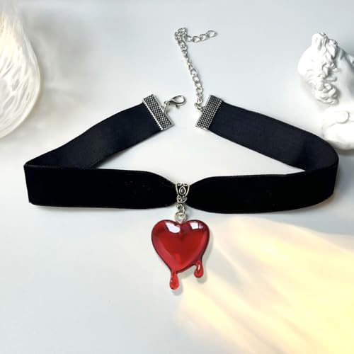 TKHLT Dropping Blood Heart Choker Necklace Y2k Black Velvet Red Heart Pendent Choker Vampire Jewelry Gift for Women
