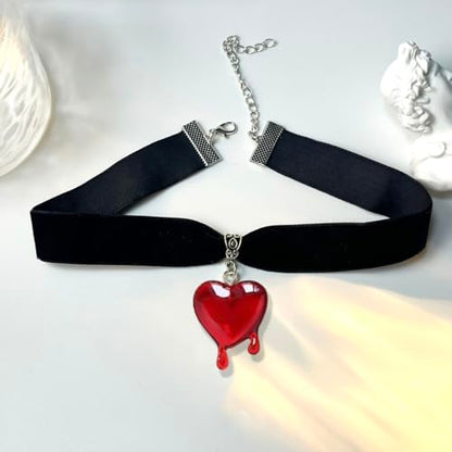 TKHLT Dropping Blood Heart Choker Necklace Y2k Black Velvet Red Heart Pendent Choker Vampire Jewelry Gift for Women