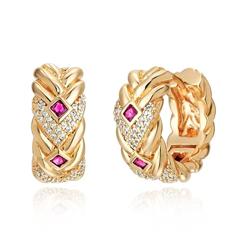 Gold Hoop Earrings for Women, 14K Gold Plated Cubic Zirconia Chunky Huggie Earrings, Vintage Jewelry for Gifts - color: Twisted Retro-Red