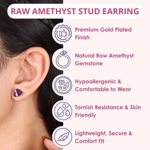 Gempires Wire Wrapped Raw Gemstone Stud Earrings for Women, Birthstone | Handmade wire-wrapped raw gemstone stud earrings — choose from stones and birthstones, artisan raw crystals on gold. - style: Amethyst