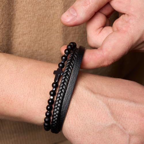 Cross Bracelet for Men - Genuine Leather Religious Bracelets | Stylish Christian Bracelet for Men - Perfect Faith Accessory | Mens Cross Bracelet - Christian Jewelry - style: Shadow
