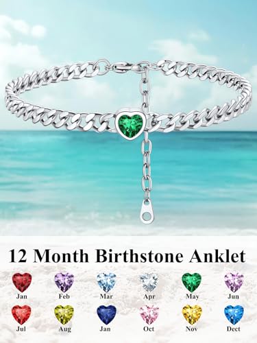 ChainsHouse Cuban Chain Anklets for Women with Heart Birthstone Jan - Dec | Stainless Steel Black Link Chain Ankle Bracelet with Birthstone, Beach Women Anklet 22cm-27cm Adjustable, with Gift Box - color: 05. May-Emerald-Steel