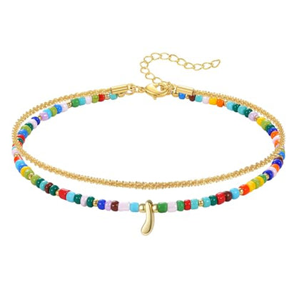 KissYan Initial Ankle Bracelets for Women | Layered Colorful Beaded Anklet with 14K Gold Chain, Waterproof Dainty Jewelry Gift for Summer Beach - style: I
