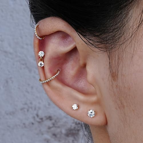 1PC ASTM F136 Titanium Mini Threadless Flat Back Stud 18G 6mm 8mm for Conch Helix Flat Tragus Labret - color: Dangle CZ - Gold