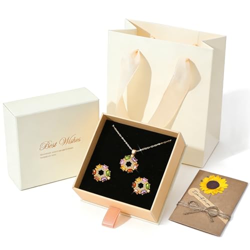 Rotating Sunflower Necklace & Earrings Jewelry Set for women| Gold coating Titanium Alloy with Sparkling Cubic Zirconia| Jewelry box +Tote Bag +3D Card |Gift for Birthday, Anniversary or Mother's Day - color: LightSource