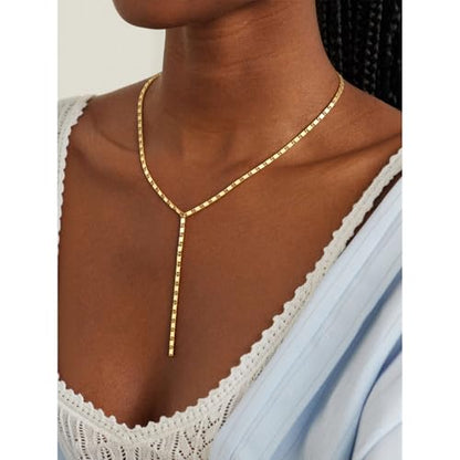 14K Gold Plated Layered Lariat Necklace for Women - Waterproof Non-Tarnish Dainty Gold Chain Necklace, Long Boho Statement Jewelry for Wedding, Prom, Summer Vacation Gifts - color: Y Necklace-Gold