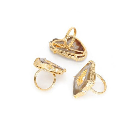 Ring Geode Druzy Slice Unique And Stylish Statement Gold Plated Jewelry Natural Gemstone Stone size 25-35 mm Approximately Adjustable Shank US Scale Size 6-9 - color: Biege