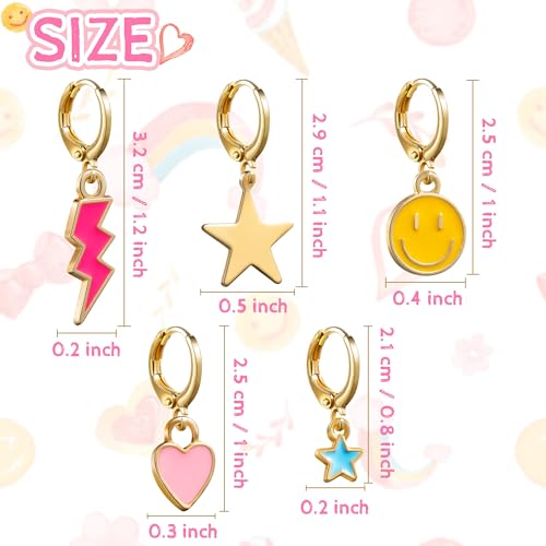 Preppy Earrings Pack with Colorful Happy Smile Lightning Bolt Heart Star Charms Pendants Gold Small Huggie Hoop Dangle Earrings Trendy Y2K Preppy Jewelry Gifts for Teen Girls Women Kids