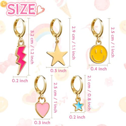 Preppy Earrings Pack with Colorful Happy Smile Lightning Bolt Heart Star Charms Pendants Gold Small Huggie Hoop Dangle Earrings Trendy Y2K Preppy Jewelry Gifts for Teen Girls Women Kids