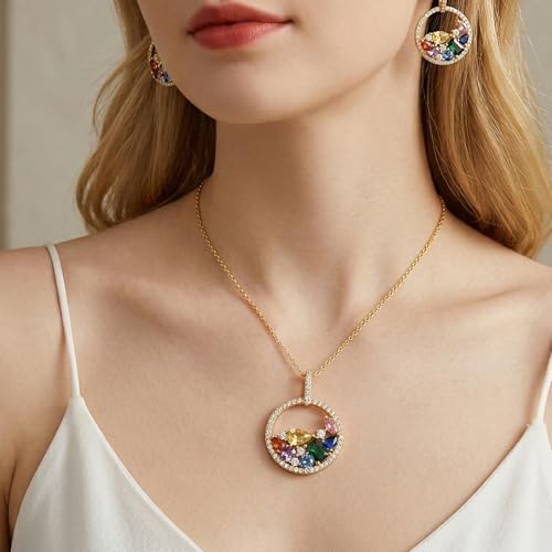 Christmas Jewelry Set for Women, 14K Gold Plated Colorful Cubic Zirconia Necklace and Earrings Set with 925 Sterling Silver Posts, Red Green Holiday Jewelry Gift for Her - color: Rainbow Halo Jewelry Set