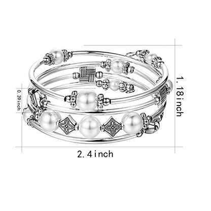 Beaded Pearl Bangle Wrap Bracelet - Fashion Bohemian Jewelry Multilayer Charm Bracelet with Thick Silver Metal Beads, Gift For Women - color: White