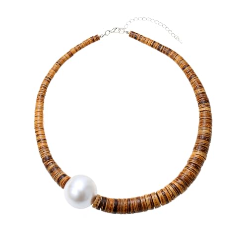 Elisheva Beaded Statement Necklace, Bohemian Layered Wood Bead and Turquoise Necklace, Chunky Coconut Shell Collar Necklace, Tribal Collar Jewelry for Women - color: Coconut Shell and Pearl