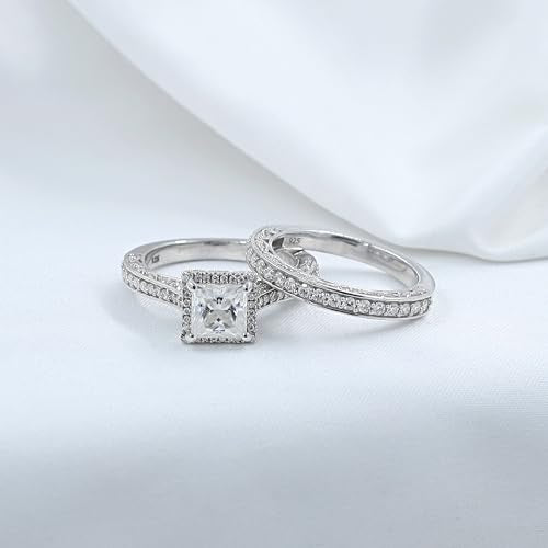 6MM Center Halo Princess Cut Bridal Set Engagement Ring for Women, 2 CT | Metal: Sterling Silver|Stone: Moissanite - color: White Gold