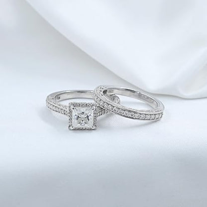 6MM Center Halo Princess Cut Bridal Set Engagement Ring for Women, 2 CT | Metal: Sterling Silver|Stone: Moissanite - color: White Gold