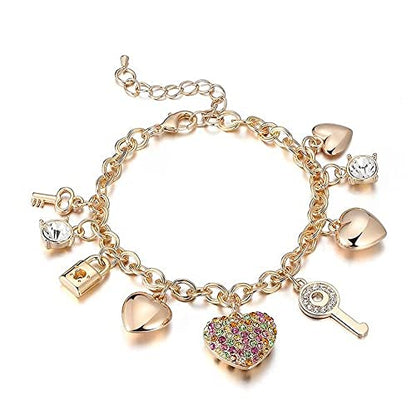 SILANER Gold Chain Link Bracelet - 7"+ 2" Extender 14K Gold Plated Love Locked Bracelets for Women, with Crystal, Love Heart,Key, Lock, Charm Bracelet - color: Multicolor Crystal Love Locked Gold Charm