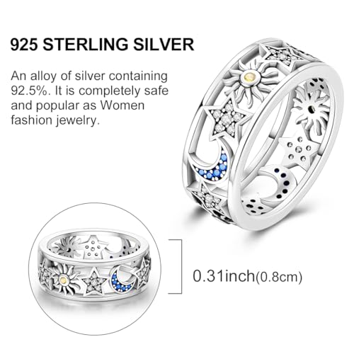 Hapour 925 Sterling Silver Rings for Women Firefly Ring, Glow in the Dark | Sun Moon Star Band Ring Rainbow Evil Eye Chunky Heart Thumb Pinky Stackable Dainty Ring, 14K Gold Plated, Cubic Zirconia - color: Carved Sun and Moon, size: 8