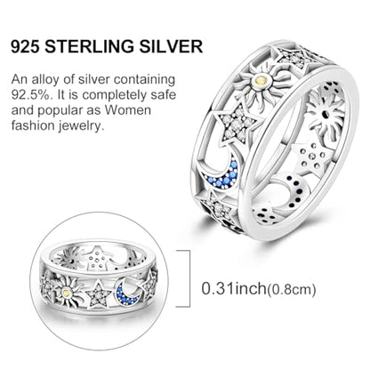 Hapour 925 Sterling Silver Rings for Women Firefly Ring, Glow in the Dark | Sun Moon Star Band Ring Rainbow Evil Eye Chunky Heart Thumb Pinky Stackable Dainty Ring, 14K Gold Plated, Cubic Zirconia - color: Carved Sun and Moon, size: 9