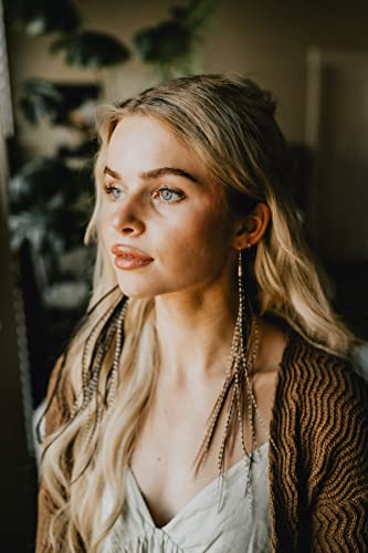Bohemian handmade long lightweight feather dangle earrings for women - color: Black & Grizzly